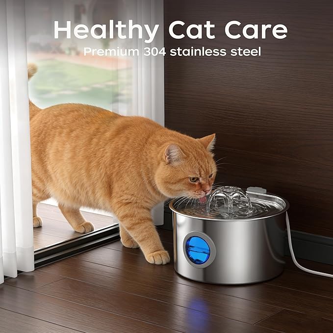 3.2L/108oz Cat Water Fountain, 304 Stainless Steel Top, Detachable Tank Makes Cleaning a Breeze, Ultra-Quiet Pump for Light Sleepers, for Multiple Cats, No More Dirty Plastic