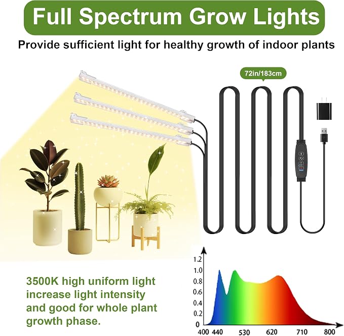 8.6'' LED Grow Light Strips, Full Spectrum 3500K Grow Lights for Indoor Plants, 3 Head with 3/9/12H Timer, 10 Dimmable Levels, Suitable for Seedling, Succulent, Plant Shelf and Greenhouse, 2-Pack