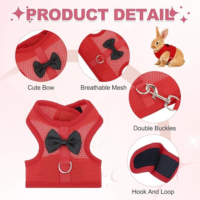 Rabbit Harness and Leash, Small Pet Cute Vest Harness Leash Soft Adjustable Buckle Breathable Mesh (S, Red) for Bunny Kitten Small Pig Puppies Camping Hiking Training