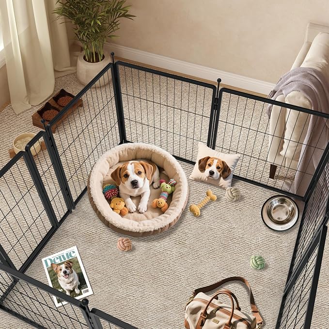 Dog Playpen 42 inch 4 Panels for Indoor & Outdoor Use – Heavy-Duty Metal Pet Fence with Ground Stakes, Rounded Ball Tops for Safety, Stable & Foldable Design, Easy to Assemble