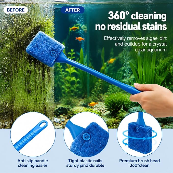 Aquarium Gravel Cleaner Kit, Semi-Automatic Siphon for Fish Tanks | Gravel & Sand Compatible Removes Fish Waste & Debris Water Change Made Easy Cleaning Brush Thermometer Strip Included