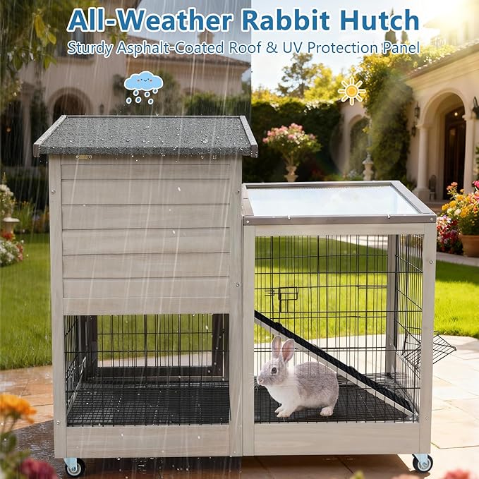 FunXplore 2-Tier Rabbit Cage & Bunny Hutch Indoor Outdoor, 4 Metal Wheels, Chew-Resistant Aluminum-Edged Frames & Ramps, Leak-Proof Trays, Easy Assembly, Spacious for Rabbits & Small Animals