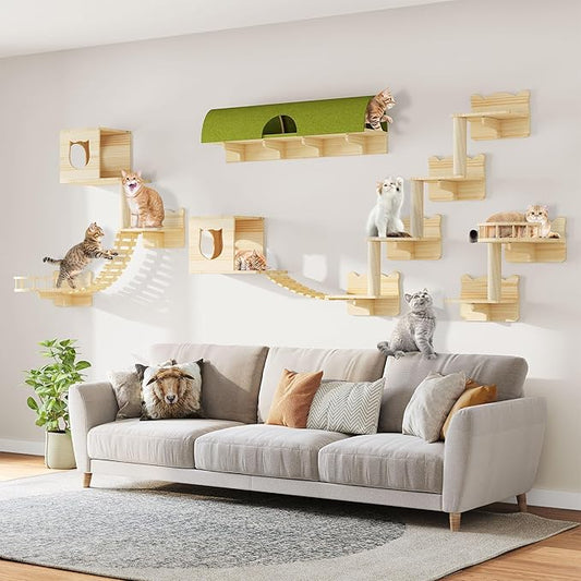 18-in-1 Cat Wall Shelves, Solid Wood Cat Furniture for Wall, Floating Cats Wall Shelves Set, Multi-Level Cat Climbing Wall Systems with Scratching Post & Tunnel, Floor Space-Saving, Burlywood