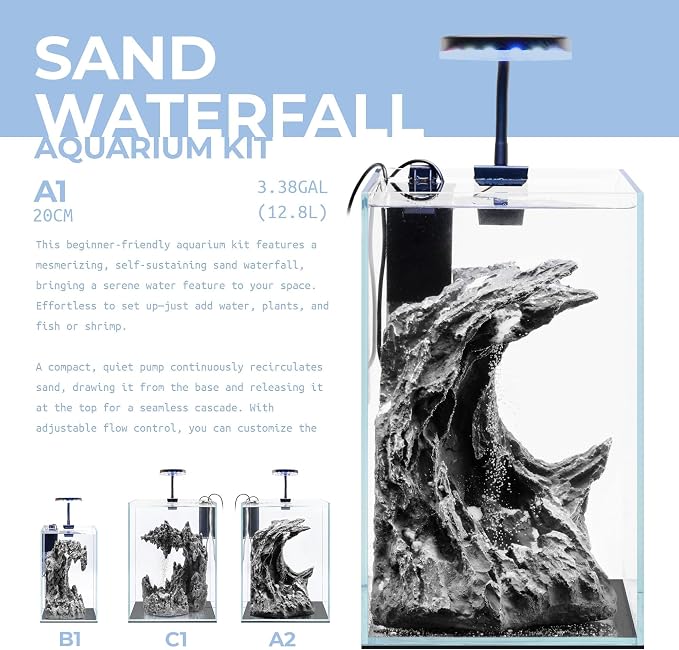 Sand Waterfall Tank Kit - Silent Operation Falling Sand Fish Tank w/LED Light and Self Cleaning Filtration - Desktop Rimless Starter Aquarium Kit, Just Add Plants - 3.38GAL | 12.8L (A1)