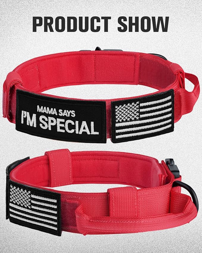 Joytale Tactical Dog Collar with Handle and Metal Buckle, Heavy Duty Padded Military Collar with 2 Patches for Training, Adjustable for Large Dogs, Red, L