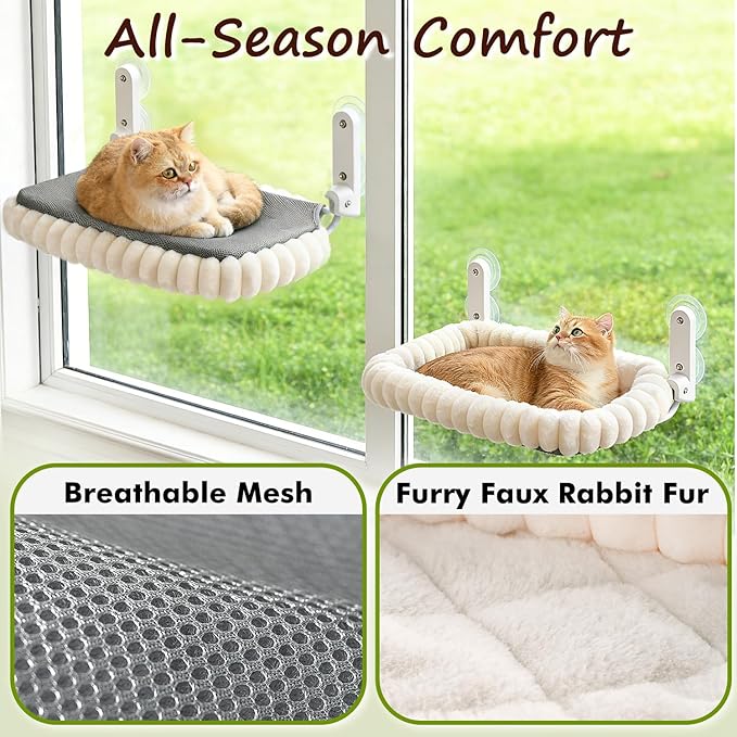 Zoratoo 2PC Cat Window Perch with Bolster Foldable Cat Hammock Cushion Bed for Window with Metal Frame, Cloud-Cuddle Cordless Window Resting Seat for Indoor Cats (Cushion Bed, White-M)