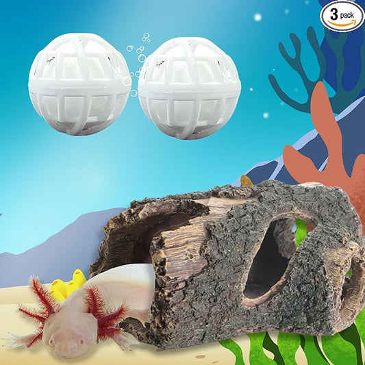 1pcs Axolotl Hides for Aquarium with 2pcs Nitrifying Ball Set, Driftwood Axolotl Cave Hideout and Aquarium Filter Balls, Fish Tank Decor, Shelter for Small Pet Frog Fish Betta (Resin Driftwood, M)