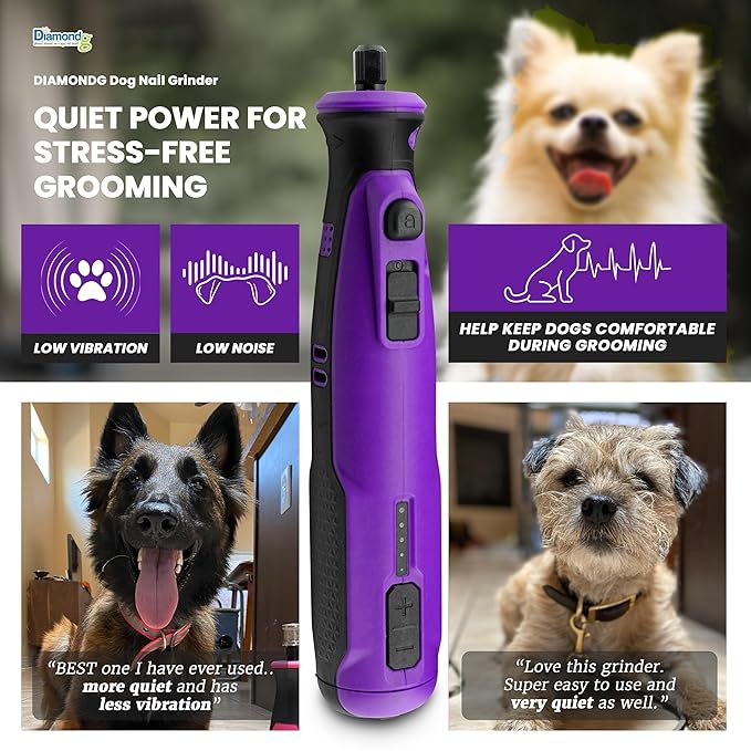 Diamondg Cordless Dog Nail Grinder with Quiet Sound & LED Tip for Large & Small Dogs, 4hrs. Runtime - Electric Dog Nail Trimmer, Heavy Duty Rotary Tool Alternative to Toenail Clippers & Filers