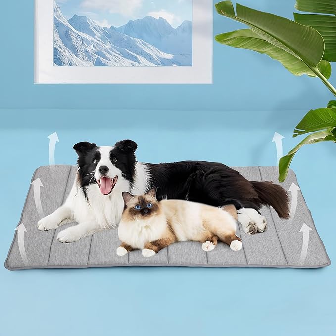 Cooling Dog Mat Q-Max>0.5 - Rapid Cooling Tech, Thin Breathable Crate Pad, Portable Washable Summer Mat, Chill Soothing Fabric - 47"x29" Extra Large Dog, Grey
