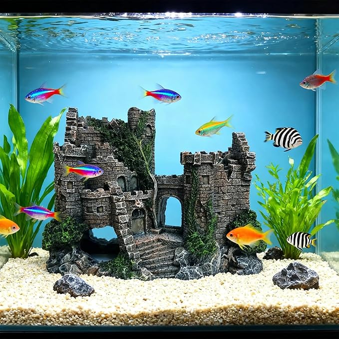 Aquarium Resin Castle Decoration, Air Bubbler Stone Cave Hideout House for Betta Fish, Shrimp & Turtles, Fish Tank Ornament Accessories for Breeding, Playing & Resting ，Decorative Bubbling Castle