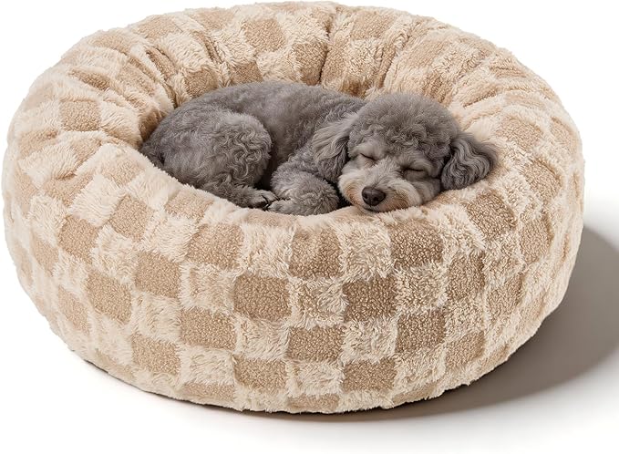 Dog Calming Beds for Small Medium Large Dogs - Round Donut Washable Puppy Dog Bed, Anti-Slip Faux Fur Fluffy Donut Cuddle Anxiety Cat Pet Bed (24" Grid)