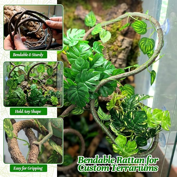 5 Pcs Reptile Plants & Habitat Decor Kit - 3 Artificial Plants & Large 5ft Jungle Vine Branch, Amphibian Habitat Hideout Tank Decorations fit Crested Gecko Leopard Lizard Chameleon Ball Python Frog