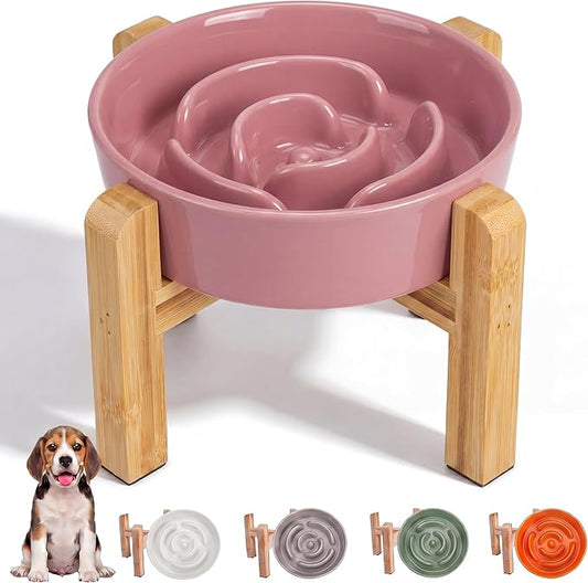 Elevated Slow Feeder Dog Bowl - Ceramic Maze Food Dish with Bamboo Stand - Raised Feeding Bowl for Fast Eaters - Ideal for Small and Medium Dogs - Pink - 6.7 inch