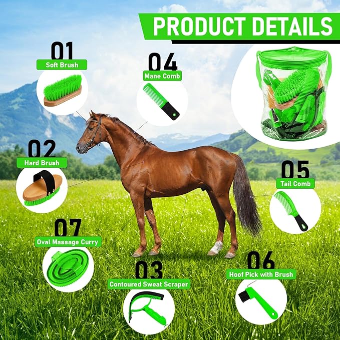 Cunhill 9 Pcs Horse Grooming Kit Tack Room Supplies Set with Tote Bag, Oval Massage Curry, Hard and Soft Brush, Hoof Pick, Sweat Scraper, Bathing Sponge, Comb for Horse Rider(Cute,Green)