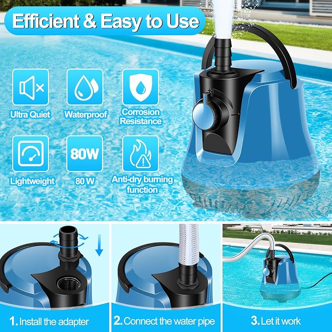 Submersible Water Pump,Adjustable Flow Sump Pump,Water Removal Pump | Electric Pool Cover Pump Above Ground,Portable Water Pump for Pool Draining with 10ft Drainage Hose,3 Adapters,950GPH