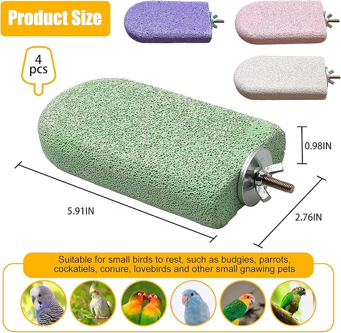 4 PCS Bird Beak Grinding Stone,Bird Perch Stands,Parrot Calcium Perch Platform,Parakeet Pumice Lava Beak Grinding Block Claws Trimmer Climbing Chewing Toys for Budgie Cockatiel Conure Lovebird