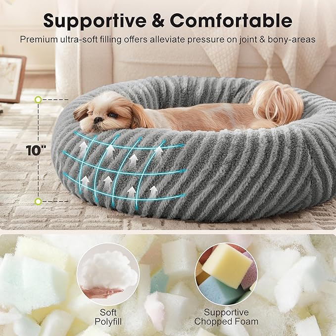 MIXJOY Dog Beds Large Sized Dogs, Washable Dogs Bed with Removable Cover, Cozy Donut Dog Ded Fluffy Plush Faux Fur Pet Bed with Anti-Slip Bottom, 36"x36"x10", Grey