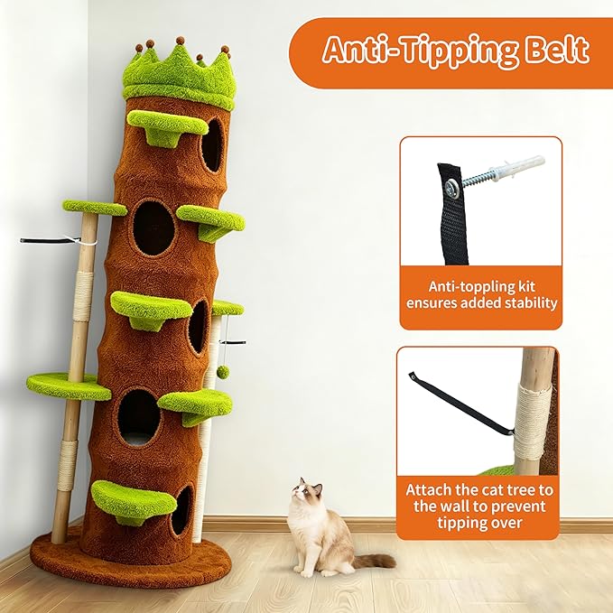 Modern Cat Tree Tower: 73.6” Tall Cat Tree for Indoor Cats Large Adult with Sisal Scratching Post - Extra Large Heavy Duty Wooden Green Cat Tree with Plush Condo