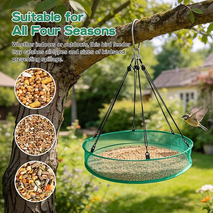 3PCS Bird Seed Catcher Tray 30 Inch Bird Seed Catcher Hanging Hoop Platform for Bird Feeders Includes S-Hooks, Adjustable Ropes & Portable Storage Pouch
