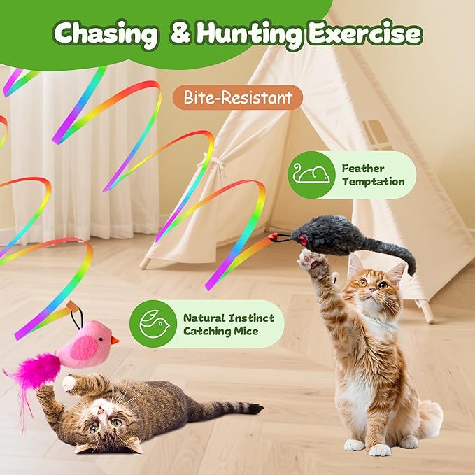 Interactive Cat Toys for Indoor Cats,Electric Flying Bird & Mouse Wand Teaser, Automatic Hanging Door Frame Chase/Hunt/Exercise Stimulate String Cat Toy for Bored Indoor Adult & Kitten
