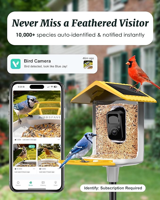 Bird Feeder with Camera Solar Powered, 2K Live Arrival Alert Auto Capture Video with 32GB TF Card, AI Identify Smart Camera Bird Feeder Ourdoor Backyard Gift for Mom Dad Birdlover, 2.4G WiFi