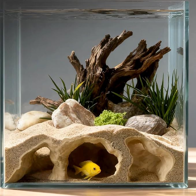 LIYAOLI Aquarium Ornaments Cave Tunnel with Viewing Ports | Fish Tank Decoration Hideout for Pleco, Shrimp & Corydoras | Substrate-Friendly Design & Sinking Base (S - Sand Color)