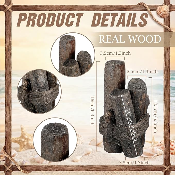 Threehoney 3 Pcs Driftwood Piling Rope Wrapped Coastal Nautical,Black | Artificial Wood Pilings as Beach Centerpieces, Farmhouse Rustic Table Decor, Coastal Accents for Dining and Aquariums
