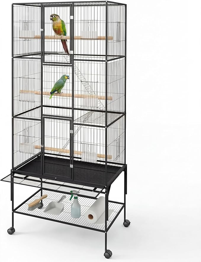 69" H Large Bird Cage, Bird Cage with 3-Tier Platforms, Ladders, Perches, Feeder, Wide Birdcage for Parakeets, Conures, Lovebirds, Quaker, Cockatiels, Budgie, Black