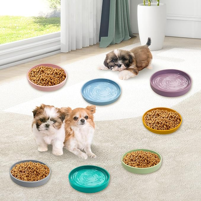 Silicone Dog Bowl Shallow Cat Food Bowls 7" Wide Puppy Plates Whisker Fatigue Pet Feeding Dishes for Dry Food and Wet Food Indoor (Round Bean Green)