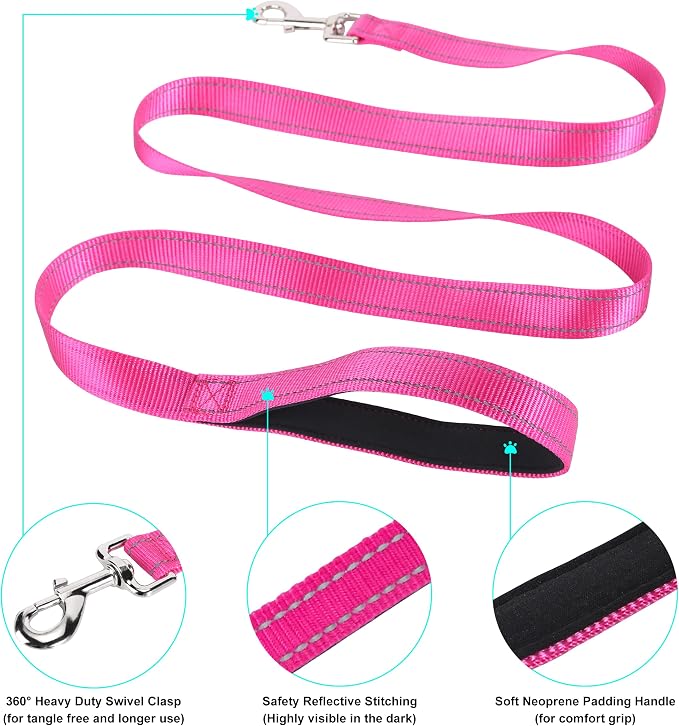Soft Neoprene Padded Dog Collar and Leash Set for Small Medium Large Dogs, Reflective Durable Nylon Dog Collar with 5ft Leash Easy for Walking, Hot Pink,Neck fit 10.5-15.5’’