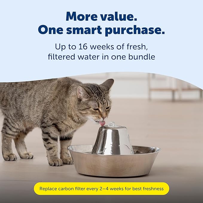 PetSafe Seaside Stainless Cat & Dog Fountain - Extra Water Filters & 1 Pump Included, Tower Creates Soothing Flow for Pets, Scratch-and Rust-Resistant Material Inhibits Pet Acne, 60 Oz Water Capacity