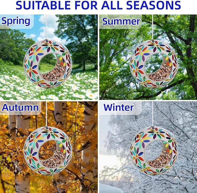 VOREEN Mosaic Glass Bird Feeder, Handcrafted Hanging Fly-Through Feeder for Outdoor Garden & Backyard, Decorative Wild Bird Feeder with Steel Wire Cable, Mosaic Colorful Flowers