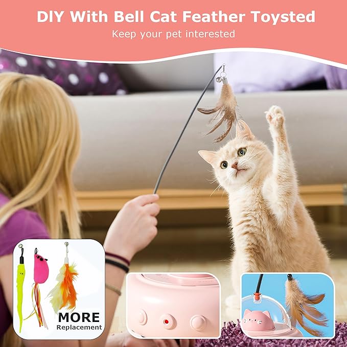 hooroor 2-in-1 UFO Laser Cat Toy with Feather, Automatic Motion Smart Sensor Interactive Toy for Indoor Cats&Small Dogs, Rechargeable Obstacle-Avoidance Exercise Toy, Self-Play Pet Gift Pink Updated