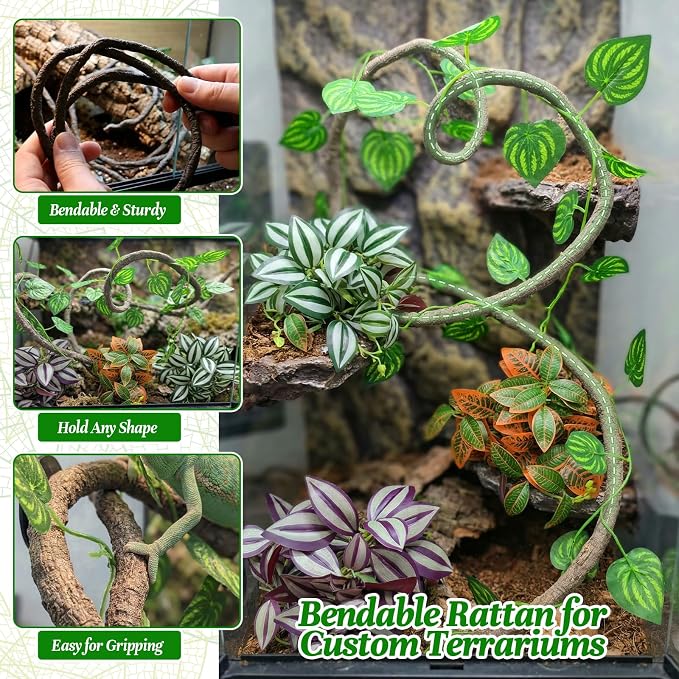 5 Pcs Reptile Plants & Habitat Decor Kit - 3 Artificial Hanging Plants & Large 3.3ft Jungle Vine Branch, Terrarium Tank Climbing Accessories for Crested Gecko, Bearded Dragon, Lizard, Snake, Chameleon