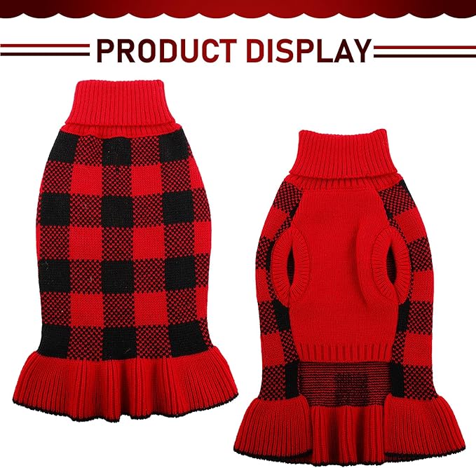 Dog Sweater Dress Plaid Knitwear for Small Medium Dogs Warm Puppy Pet Turtleneck Stretch Pullover Cute Fall Winter Vest Clothes with Leash Hole for Christmas (Red, M)