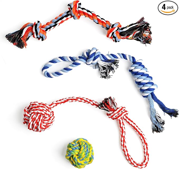 TwoEar Dog Rope Toy 4 Pack - Puppy Teething Toys for Small Breed - Indestructible Dog Chew Toys for Aggressive Chewers - Cotton Tug of War Dog Toys for Boredom, Teeth Clean