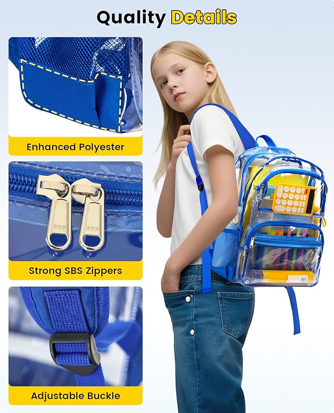Vorspack Clear Backpack for School - Heavy Duty See Through Bookbag for Girls Boys Large Transparent Backpacks for Work, Travel - Blue