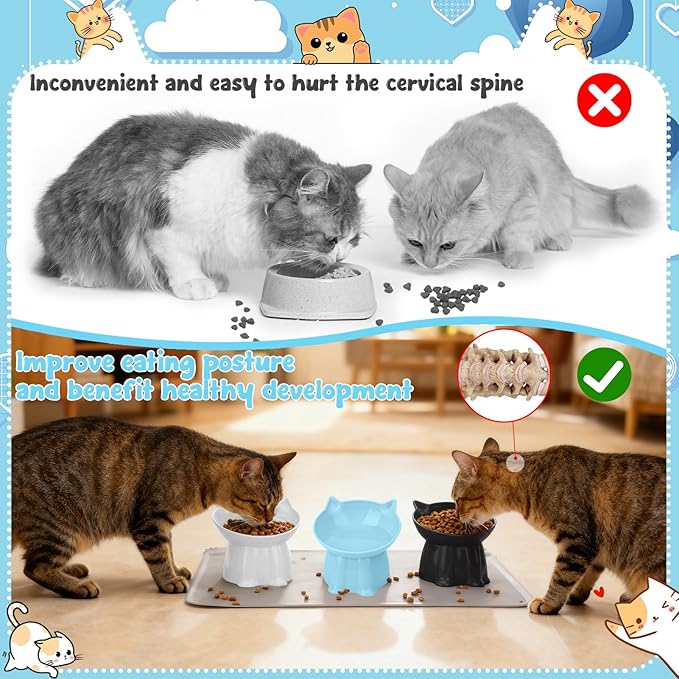 3 Pcs Elevated Cat Bowls 15°Raised Cat Food Bowl with Silicone Mat Whisker Friendly Anti Vomiting Cats Dishes Pet Food and Water Bowls for Indoor Cats Kittens, Blue, Black, White