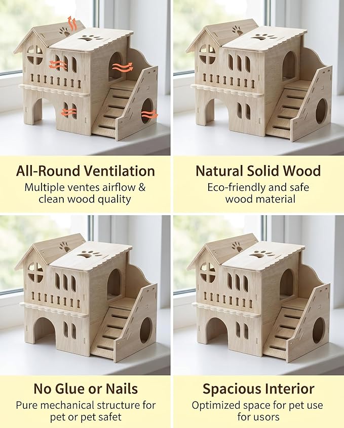 Large Hamster House & Gerbil Hideout – 8.5" Double-Decker Wooden Maze Hut w/Fun Slide | Multi-Level Gerbil House for Dwarf Hamsters, Mice, Rats & Small Animals ﻿