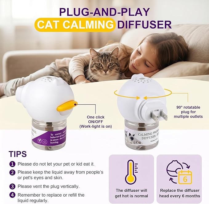 cat Calming Diffuser，Helps Reduce Fighting, Tension & Aggression Between Cats，Cat Pheromones Calming Diffuser for Stress-1 Diffusers & 3 Refills
