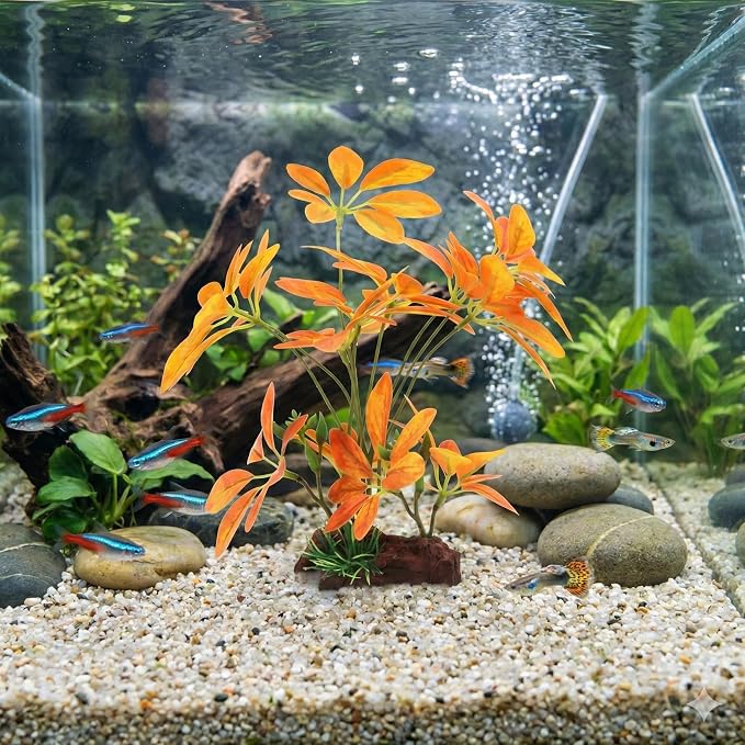 JGbaby Artificial Aquarium Plants,Fish Tank Decorations Betta Leaf Hammock Driftwood 10in Realistic Silk & Plastic Plants, Hideout Decor for Betta. Goldfish,Reptiles,Small Tanks (YellowType-B)