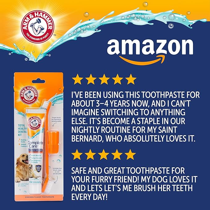 Arm & Hammer Complete Care Dog Dental Kit with Enzymatic Dog Toothpaste, Toothbrush and Finger Brush, Baking Soda and Calcium Formula for Plaque Tartar Control, Chicken Flavor, 2.5 Oz