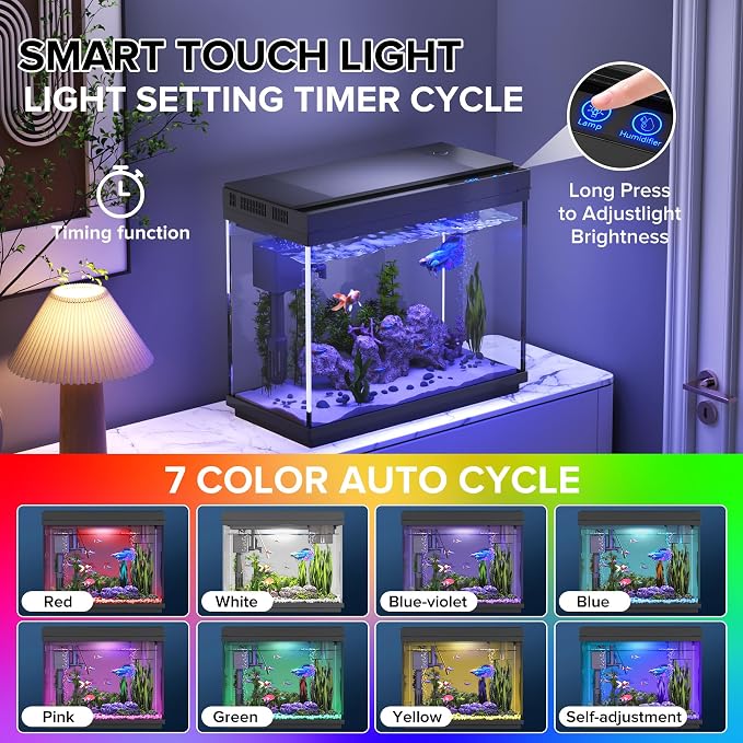 Vehipa 2.4 Gallon Fish Tank Aquarium Starter Kit | with Heater, Heater, 7-Color Light, 3-in-1 Quiet Pump for Betta, Guppy