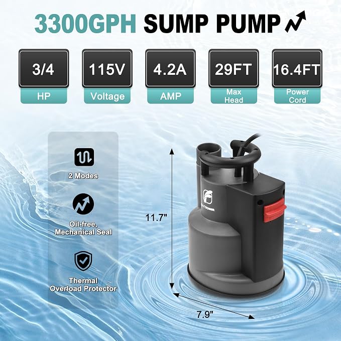 3/4 HP Submersible Sump Pump 3300 GPH, Automatic/Manual Utility Water Pump with Integrated Float Switch, 16.4 ft Cord for Pool Pond Basement Flood Draining