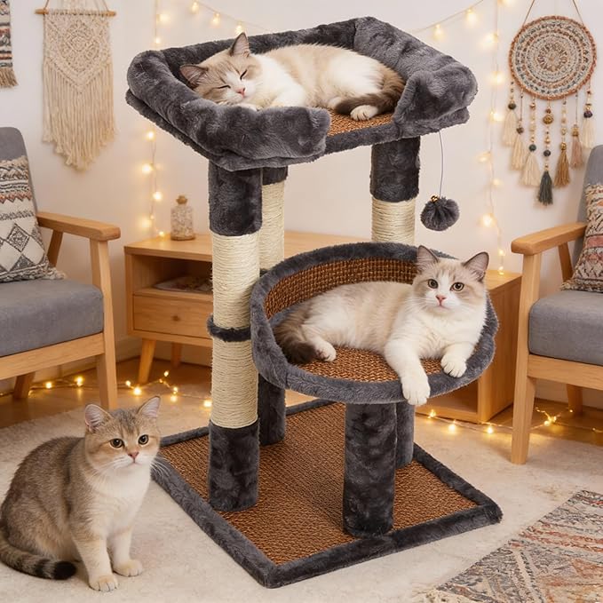 Multi-Level Cat Tree for Indoor Adult Cats, Modern Cat Tower with Double Beds & Scratching Posts, Cute Cat Tree Tower for Large Cats and Kitten, Small Cat Tree Tower with Hanging Toys, Grey