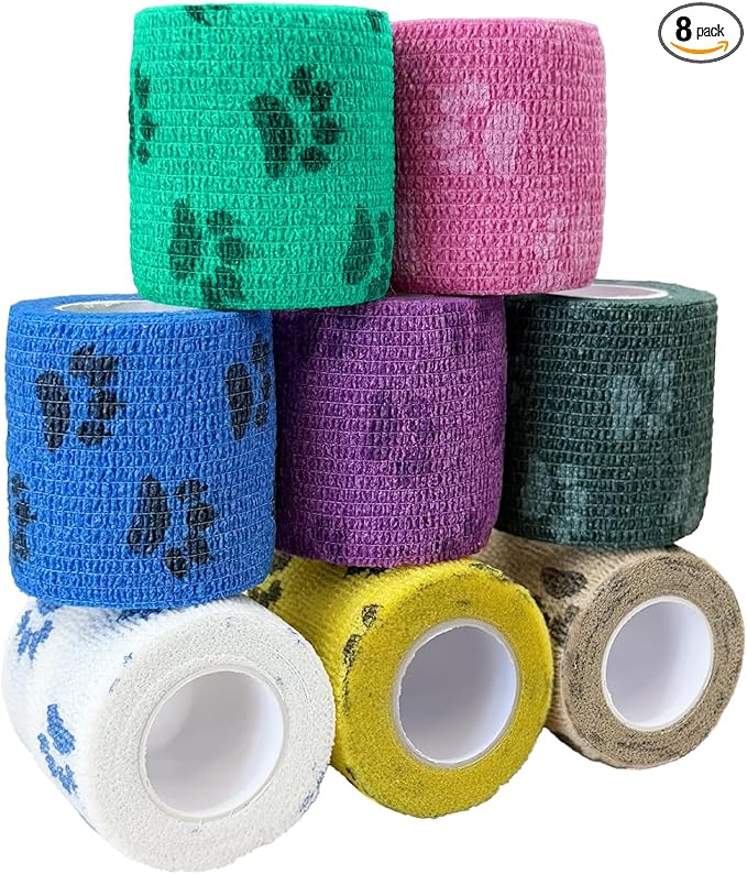 2 Inch Self Adhesive Bandage Vet, First Aid for Dogs Cats Horses, Great for Paws, Legs & Tails, Individually Wrapped, 8 Rolls, Daybreak Paw