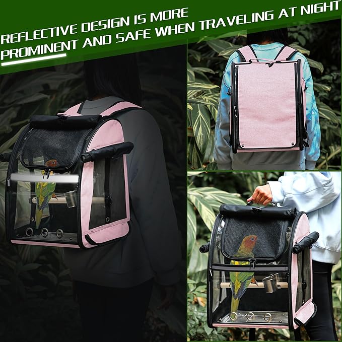 Bird Carrier Bag with Indestructible Stainless Steel Mesh, Bird Travel Cage with Stand, Easy to Clean Backpack for Parrot, Portable Bird Travel Bag, Pink