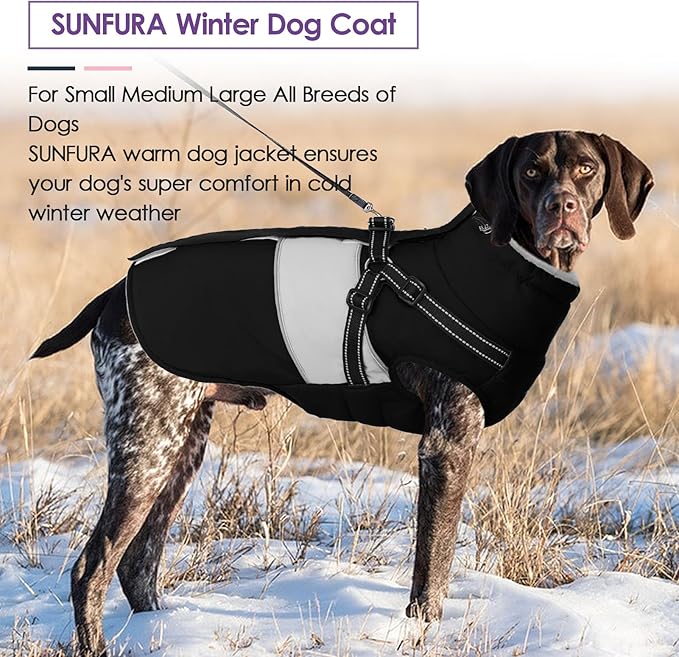Small Dog Coat with Harness Built in, Warm Dog Jacket Winter with Zipper On Back, Waterproof Pet Snow Jacket Snowsuit Pet Sweater Clothes for Schnauzer, Yorkshire Terrier, Black S
