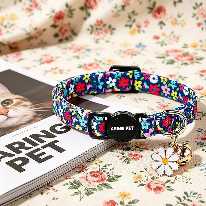 ARING PET 2 Pack Cat Collars with Bell, Cute Soft Cotton Kitten Kitty Breakaway Spring Summer Cat Collars for Boy Girl Cats-Pink Bow & Blue Floral