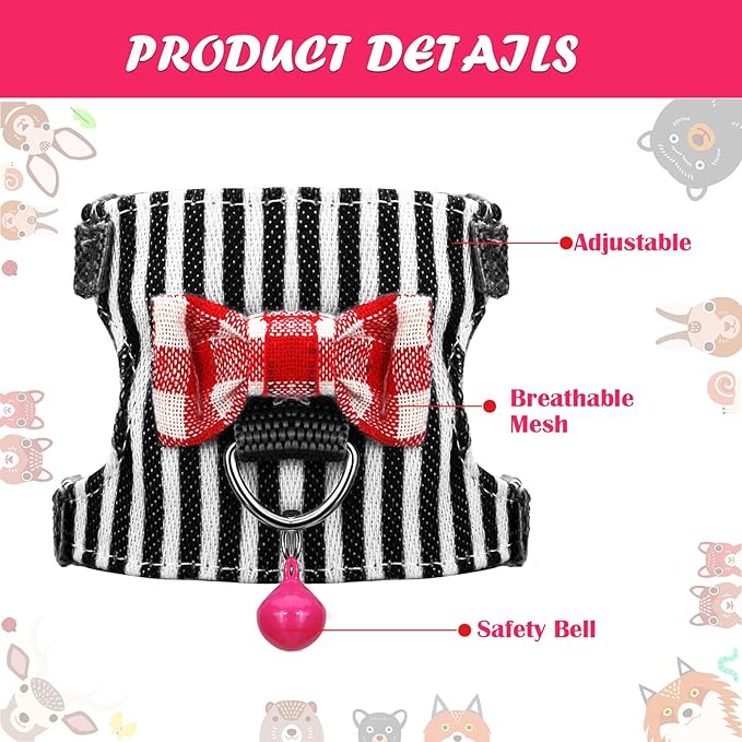 SATINIOR 2 Pieces Small Hamster Harness and Leash Set, Ferret Guinea Pig Clothes with Bowknot and Bell Decor, No Pulling Comfort Padded Vest Striped for Rats Bunny Rabbit Small Animals(S,Black, Pink)